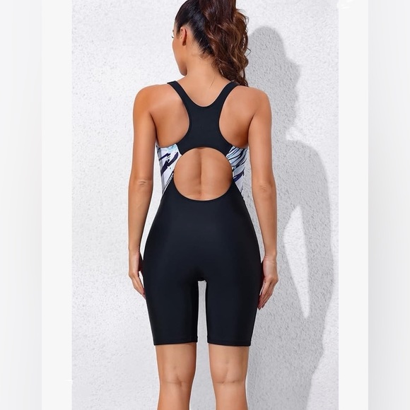 Women’s one piece boy leg racerback swimsuit Black with Blue print Medium - Picture 9 of 10